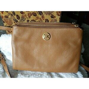 Michael Kors Brown Double Zipper Leather Crossbody Handbag Purse Gold VGC